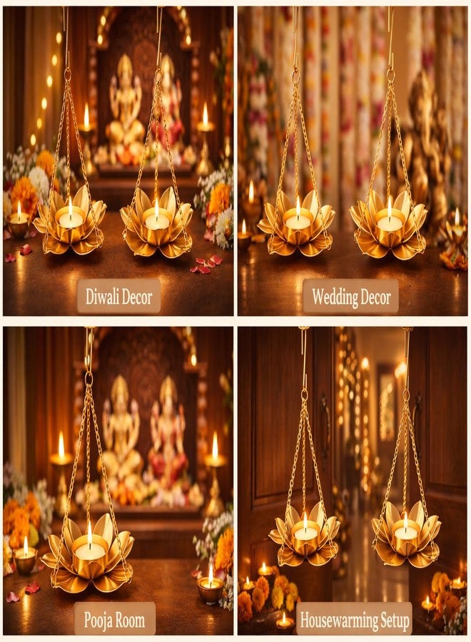 AGAAS ENTERPRISES Metal Lotus Hanging Tealight Candle Holder Set of 2 with Chain | Decorative Hanging Diya for Diwali, Pooja Room, Home, Wedding & Festive Gifting - Image 5